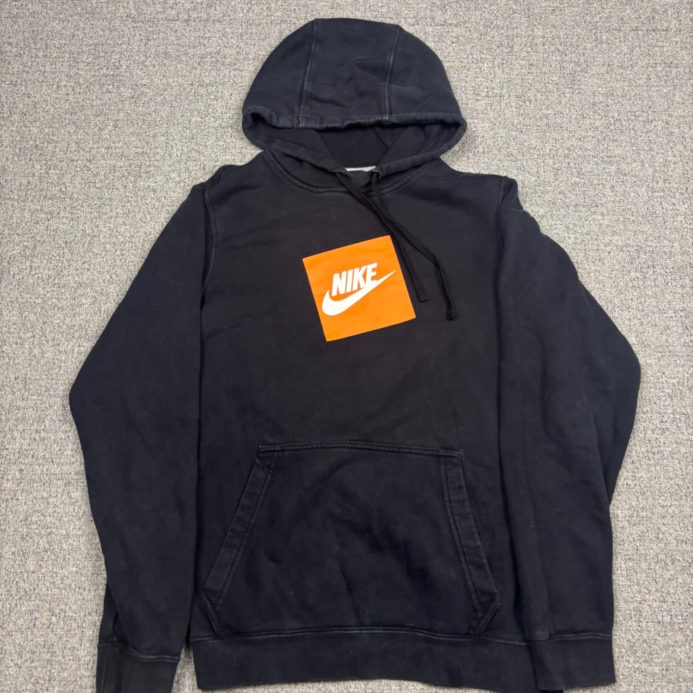 Nike Hoodie Mens Small Black Orange Box Logo Sportswear Streetwear Pullover